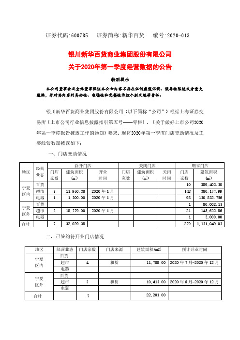 新华百货：关于2020年第一季度经营数据的公告