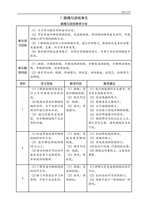 一年级跳绳与游戏单元计划及各课时安排(1)