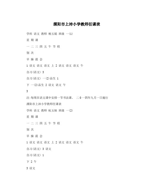 溧阳上沛小学教师任课表