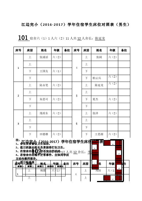 住宿学生床位对照表
