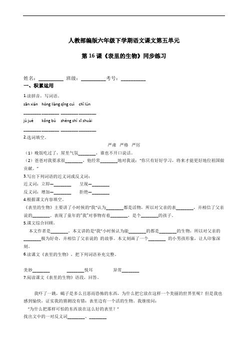 部编版语文六年级下册  第16课《表里的生物》同步练习(含答案)