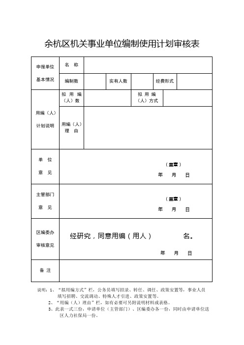 机关事业单位用编计划审核表