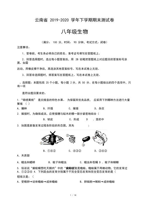 云南省2019-2020学年八年级生物下学期期中测试卷二(含答案)