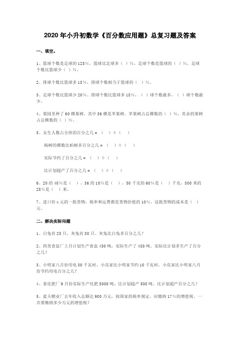 2020年小升初数学《百分数应用题》总复习题及答案