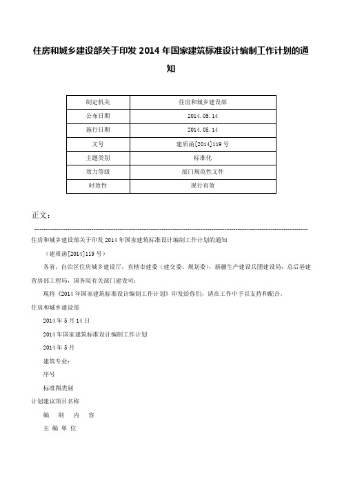 住房和城乡建设部关于印发2014年国家建筑标准设计编制工作计划的通知-建质函[2014]119号