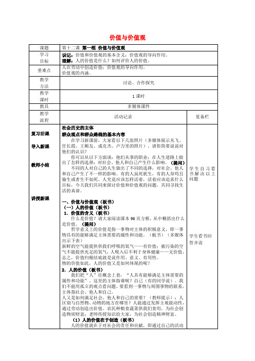 高中政治 12.1《价值与价值观》学案新人教版必修4