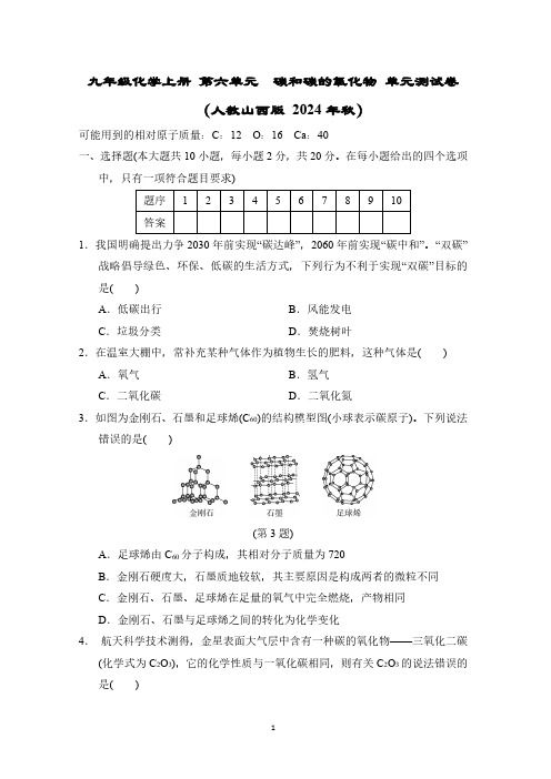 九年级化学上册 第六单元 碳和碳的氧化物 单元测试卷(人教山西版 2024年秋)