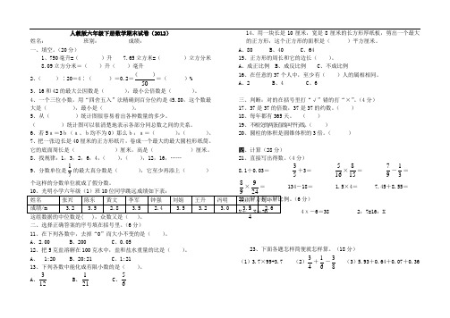 2012年人教版六年级数学下册期末试卷