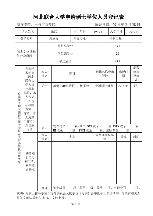 河北联合大学 硕士学位申请书模版 张红