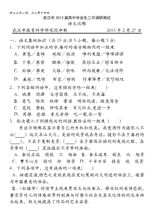 湖北省武汉市2013届高三二月调研测试试题语文 含答案