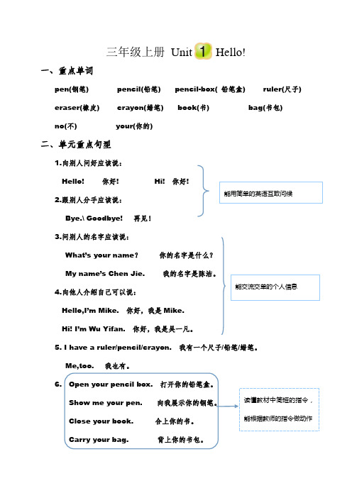 pep三年级上册第1单元知识重点