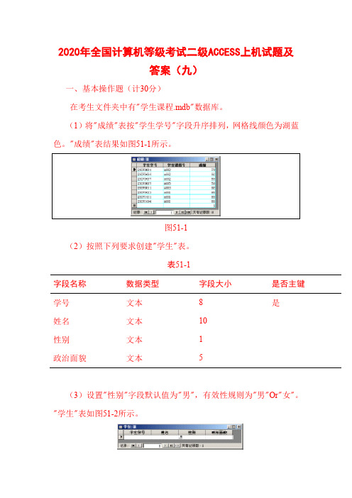 2020年全国计算机等级考试二级ACCESS上机试题及答案(九)