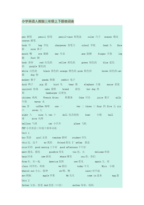 小学英语人教版单词表 3-5年级