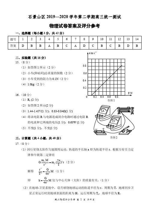 北京市2020年石景山区高三统一测试 物理答案