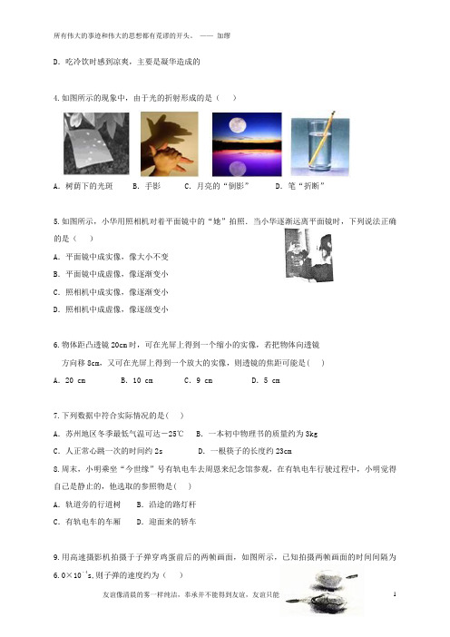 江苏省苏州市工业园区2017_2018学年八年级物理上学期期末考试试题及答案