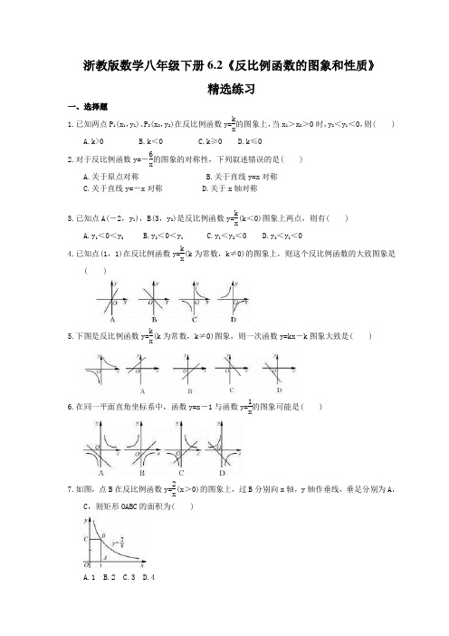 2021年浙教版数学八年级下册6.2《反比例函数的图象和性质》精选练习 (含答案)