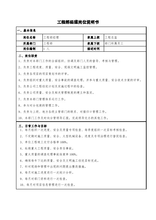 工程部经理管理岗位职责