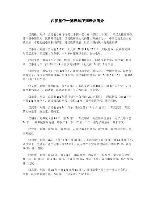 西汉皇帝一览表顺序列表及简介