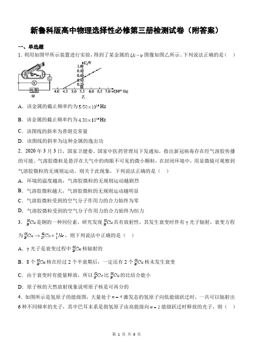 新鲁科版高中物理选择性必修第三册检测试卷(附答案)