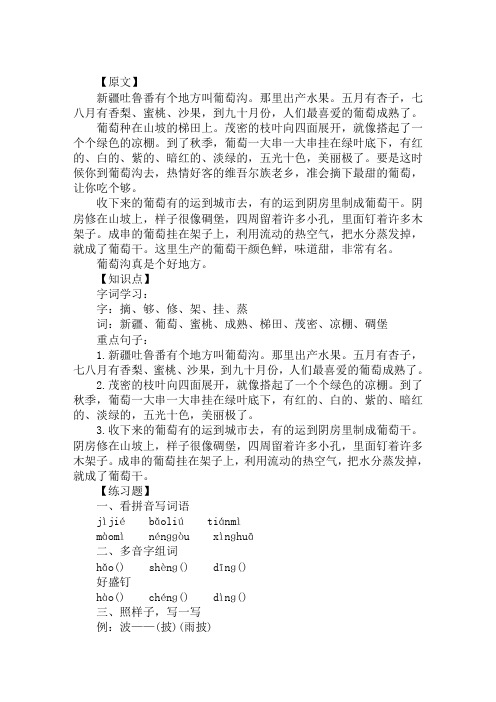 2020精选人教版小学二年级下册语文《葡萄沟》原文、知识点及练习题