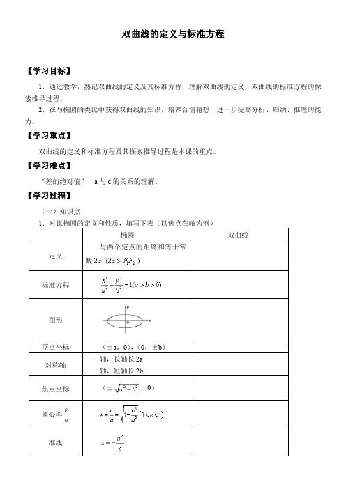 高中数学新湘教版精品学案《双曲线的定义与标准方程》