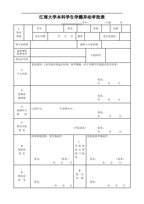 江南大学学生学籍异动审批表