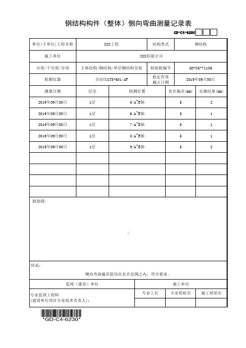 建筑工程-钢结构构件(整体)侧向弯曲测量记录表-填写范例