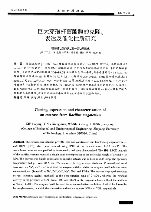 巨大芽孢杆菌酯酶的克隆、表达及催化性质研究