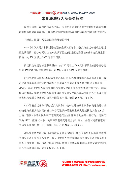 常见违法行为及处罚标准