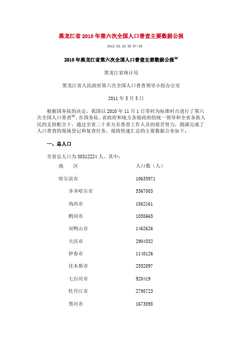 黑龙江省2010年第六次全国人口普查主要数据公报