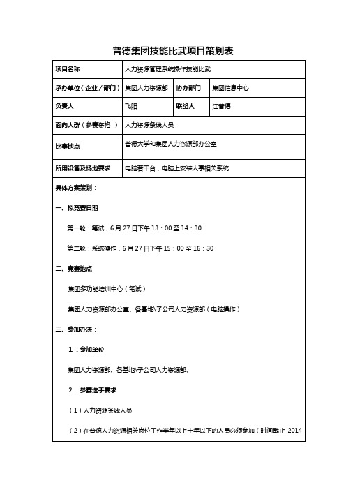技能比武项目策划表人力资源岗位案例