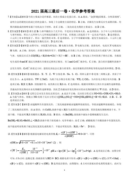 2021年5月安徽省皖江名校联盟2021届高三毕业班下学期高考考前最后一卷理综化学参考答案