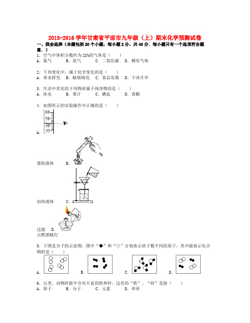 学年人教版化学九年级上学期期末预测试题(含解析)