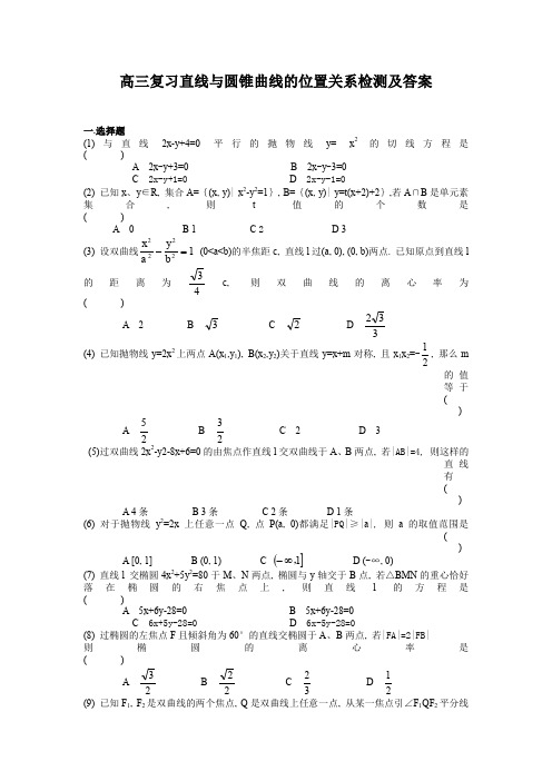 高三复习直线与圆锥曲线的位置关系检测及答案