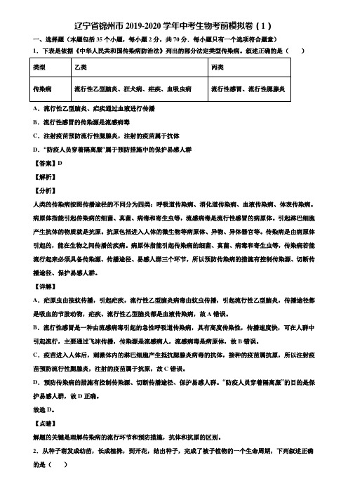 辽宁省锦州市2019-2020学年中考生物考前模拟卷(1)含解析