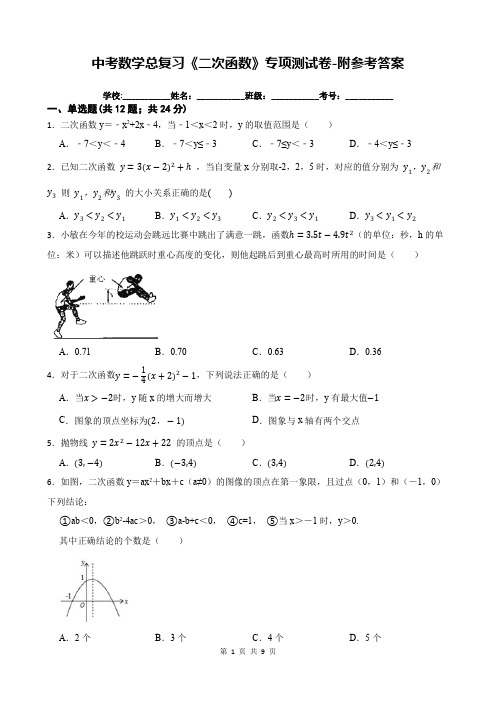 中考数学总复习《二次函数》专项测试卷-附参考答案