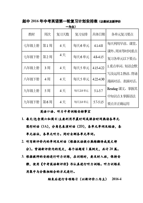 赵中2016年中考英语第一轮复习计划安排表(以教材及新评价一为主)