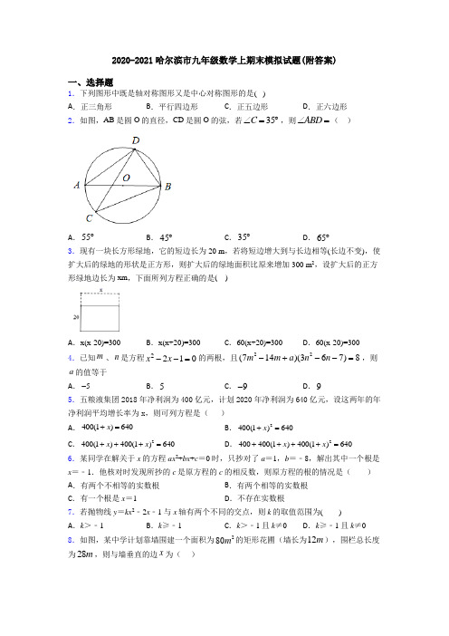 2020-2021哈尔滨市九年级数学上期末模拟试题(附答案)
