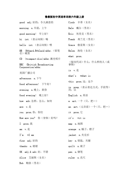 鲁教版初中英语单词表六年级上册