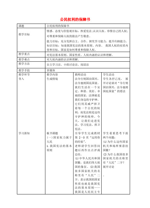 八年级道德与法治下册 第一单元 坚持宪法至上 第一课 维护宪法权威 第1框 公民权利的保障书教案 新人教版