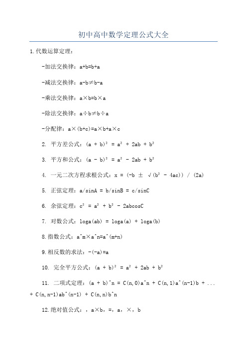 初中高中数学定理公式大全