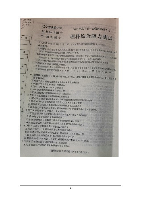 东北三省三校2019届高三下学期3月一模考试理科综合试卷