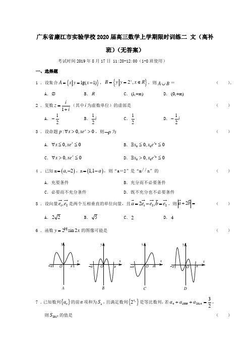 广东省廉江市实验学校2020届高三数学上学期限时训练二文高补班无答案
