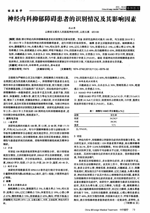神经内科抑郁障碍患者的识别情况及其影响因素