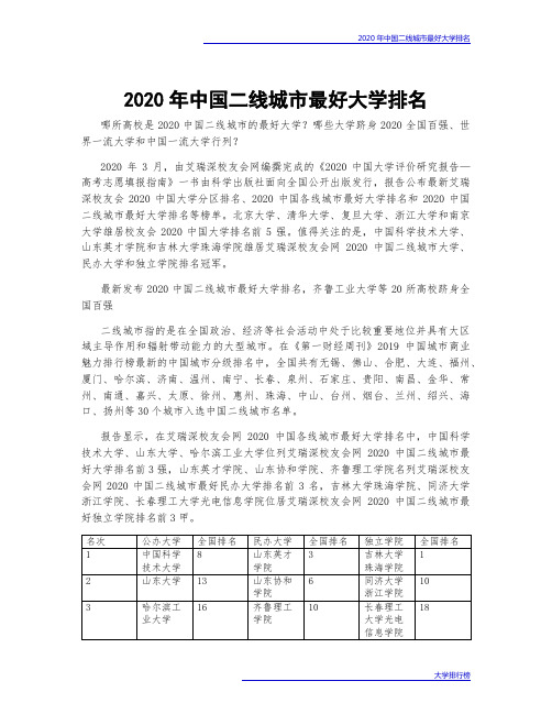 2020年中国二线城市最好大学排名