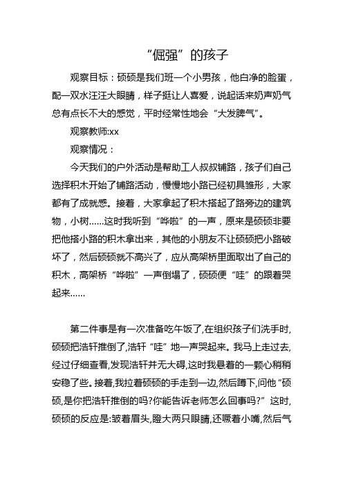 幼儿园教师观察记录“倔强”的孩子