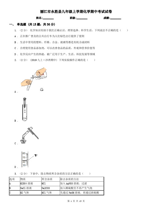丽江市永胜县九年级上学期化学期中考试试卷