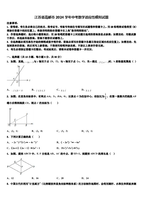 江苏省高邮市2024届中考数学适应性模拟试题含解析