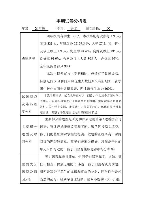半期试卷分析表