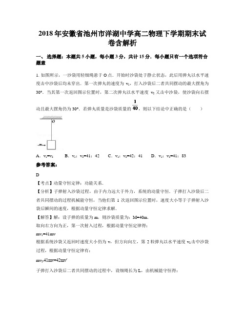 2018年安徽省池州市洋湖中学高二物理下学期期末试卷含解析